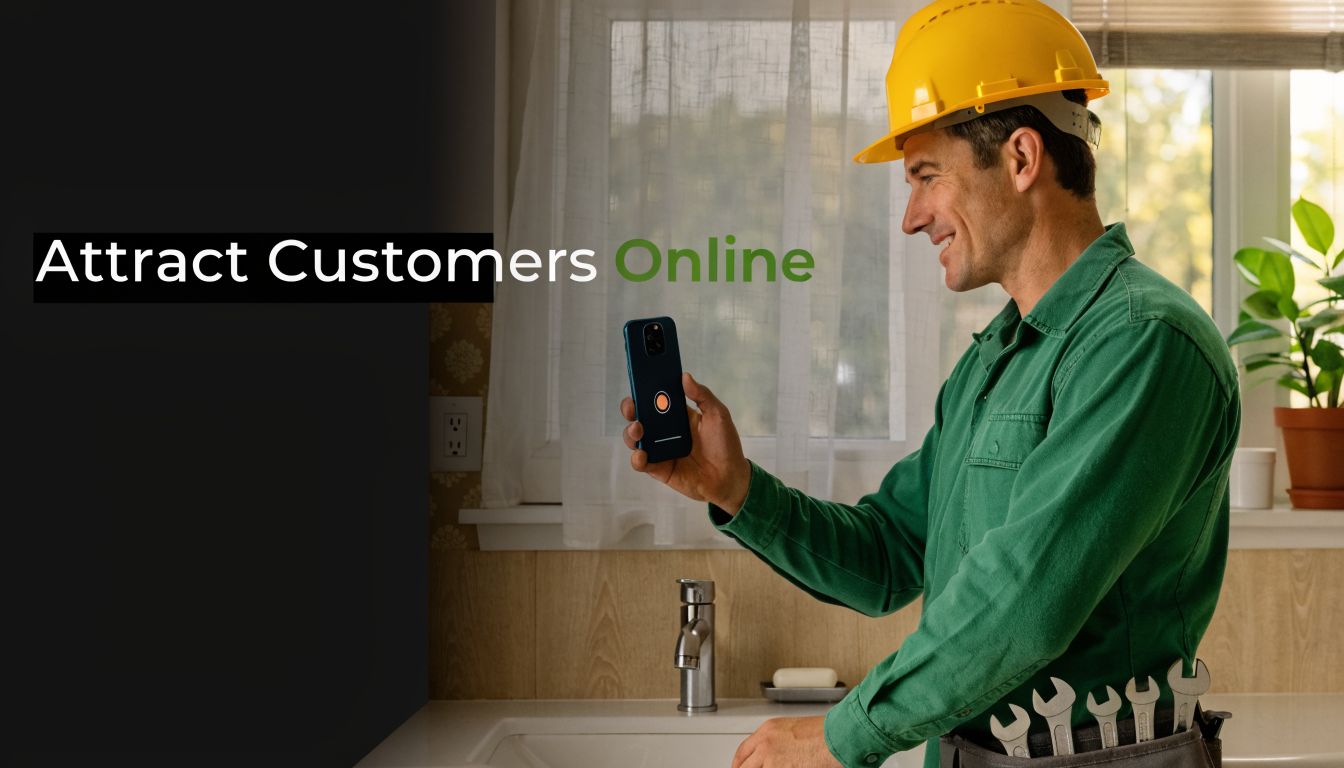 A professional plumber in a hard hat holding a smartphone while working in a kitchen.
