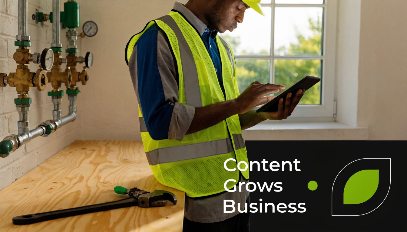 A professional plumber wearing a high-visibility vest and hard hat using a digital tablet indoors.