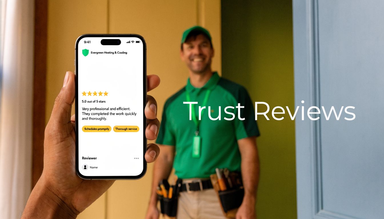 A person holds a smartphone displaying a positive five-star review for an HVAC service technician.