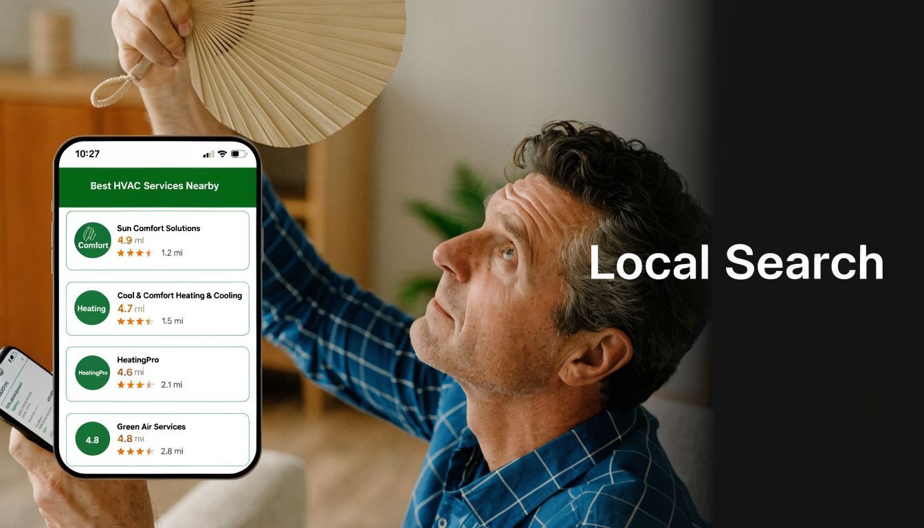 A man holding a handheld fan while checking HVAC service providers on his smartphone for home cooling.