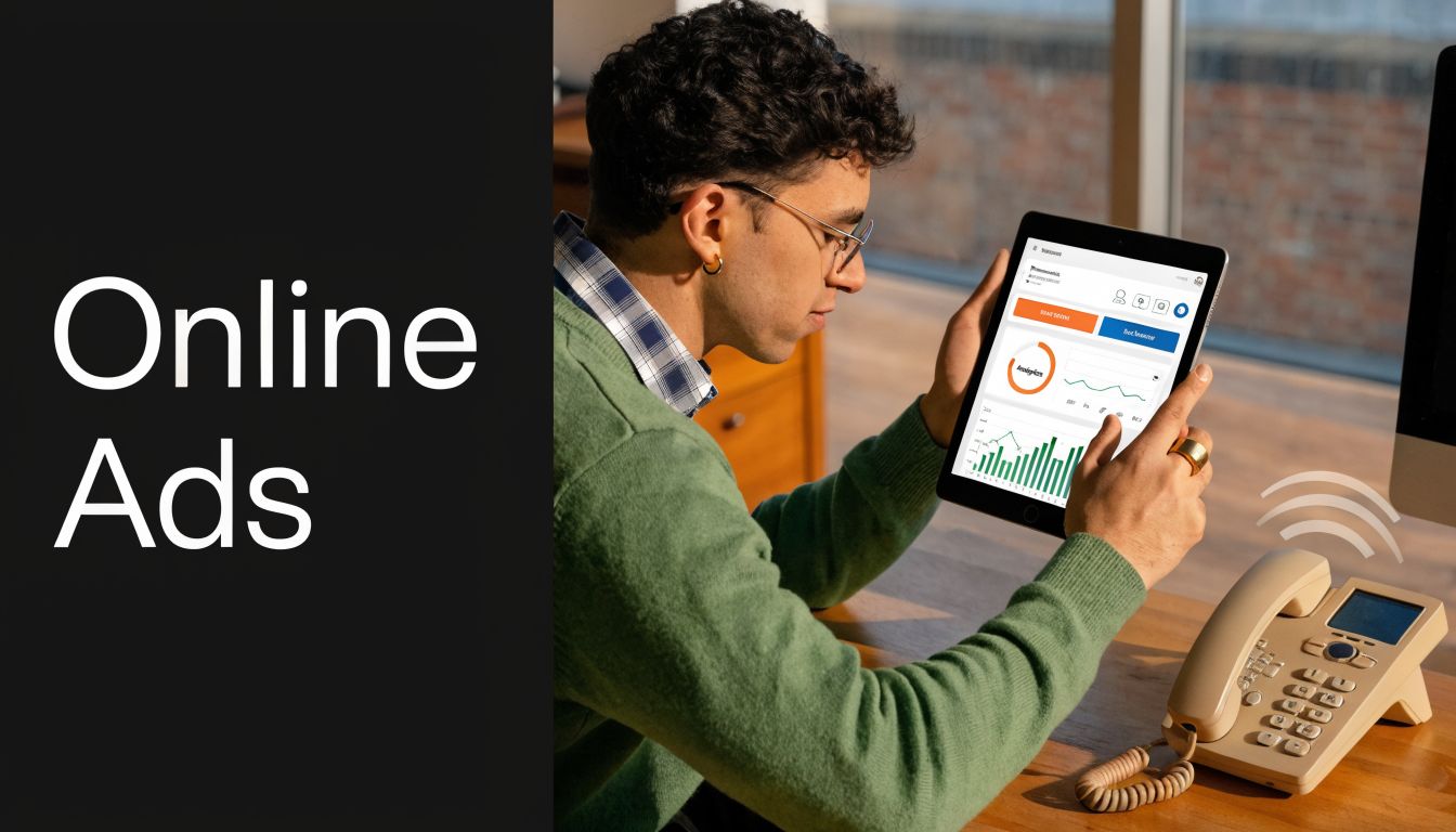 A young man wearing glasses using a digital tablet to analyze online advertising performance metrics.