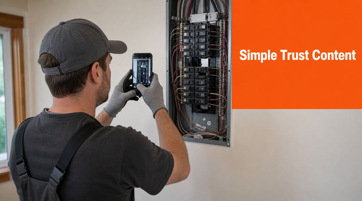 A professional electrician wearing grey gloves taking a photograph of an open residential electrical breaker panel.