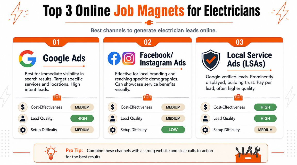 An infographic showing top three online advertising methods for electricians to generate high-quality customer leads.