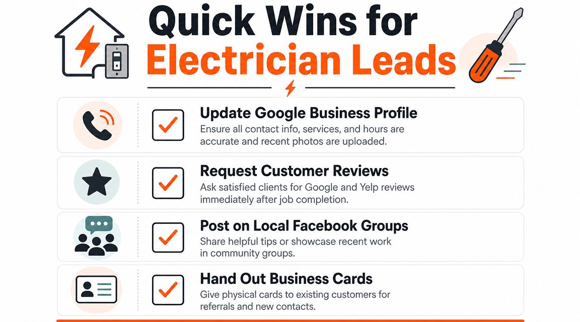 An infographic displaying four quick and effective marketing tips for generating new electrician service leads.