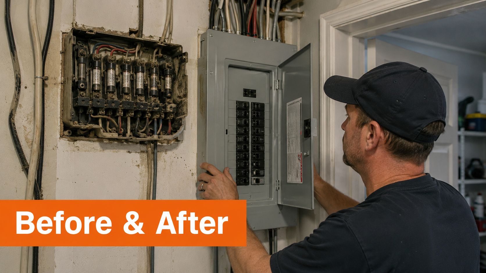 A professional electrician performing an electrical panel upgrade in a residential home for improved safety.