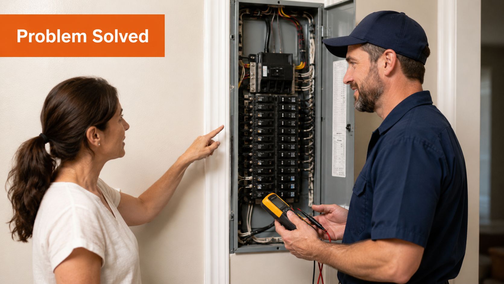 A woman pointing to an open electrical panel while talking to a professional electrician holding a multimeter.