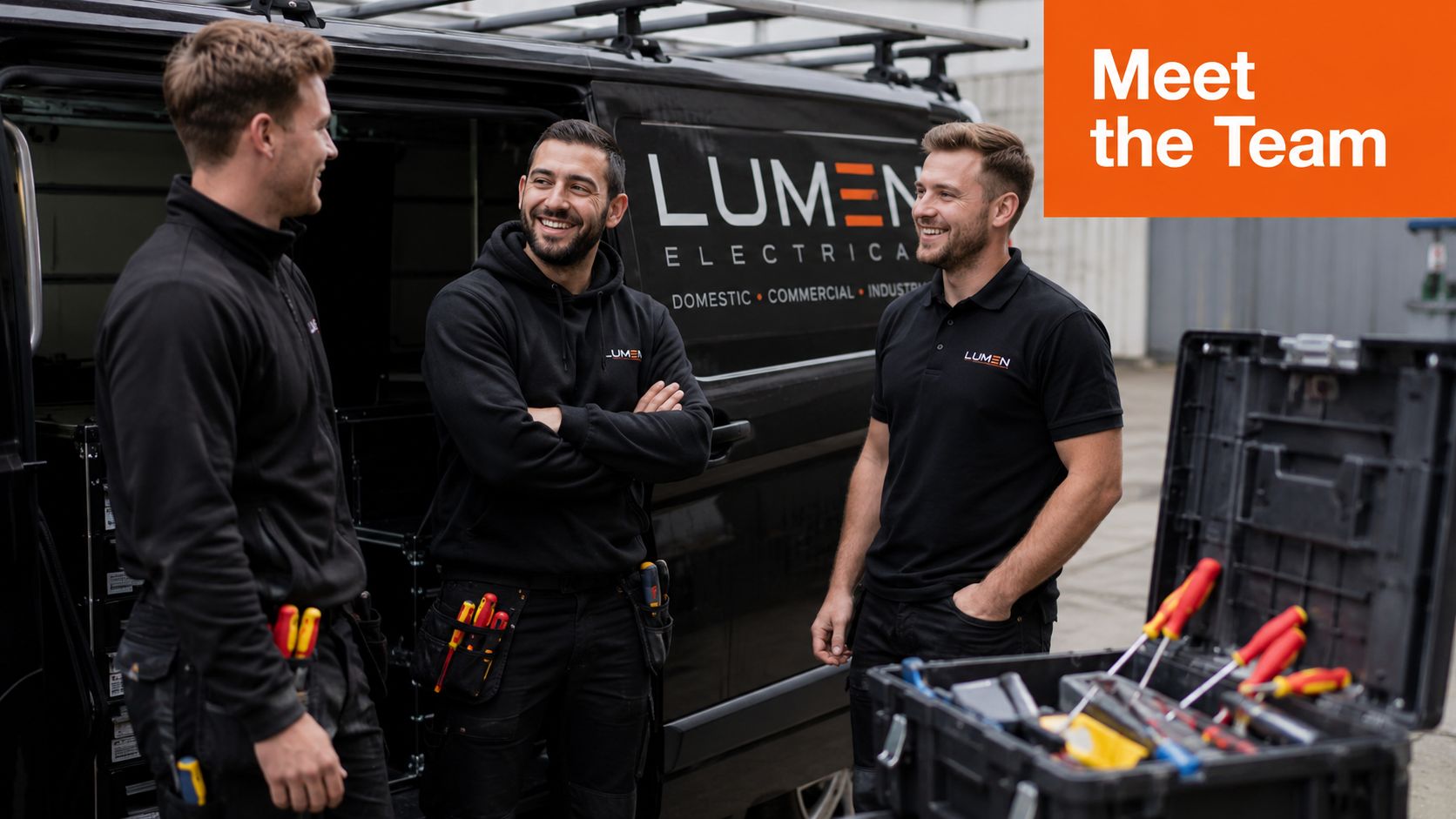 Three professional electricians from Lumen Electrical standing by their work van with tools, smiling and collaborating.