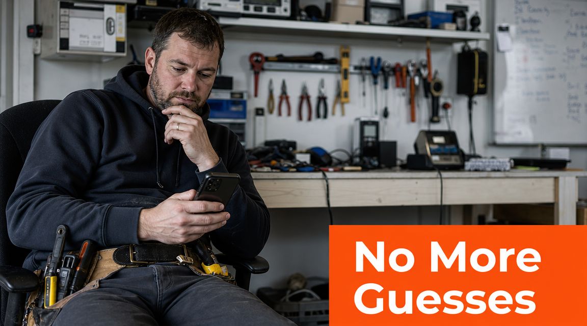 A focused electrician sitting in a workshop checking his smartphone for social media marketing updates.