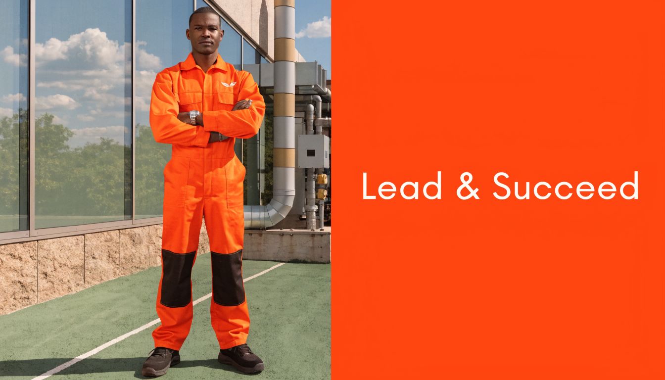 A professional man in orange work coveralls standing confidently in front of a modern industrial building facility.