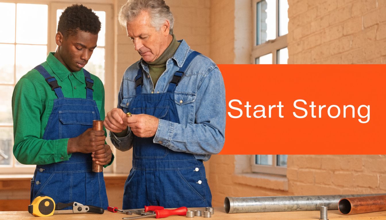 An experienced master plumber mentoring a young apprentice in a workshop while holding pipe fittings.