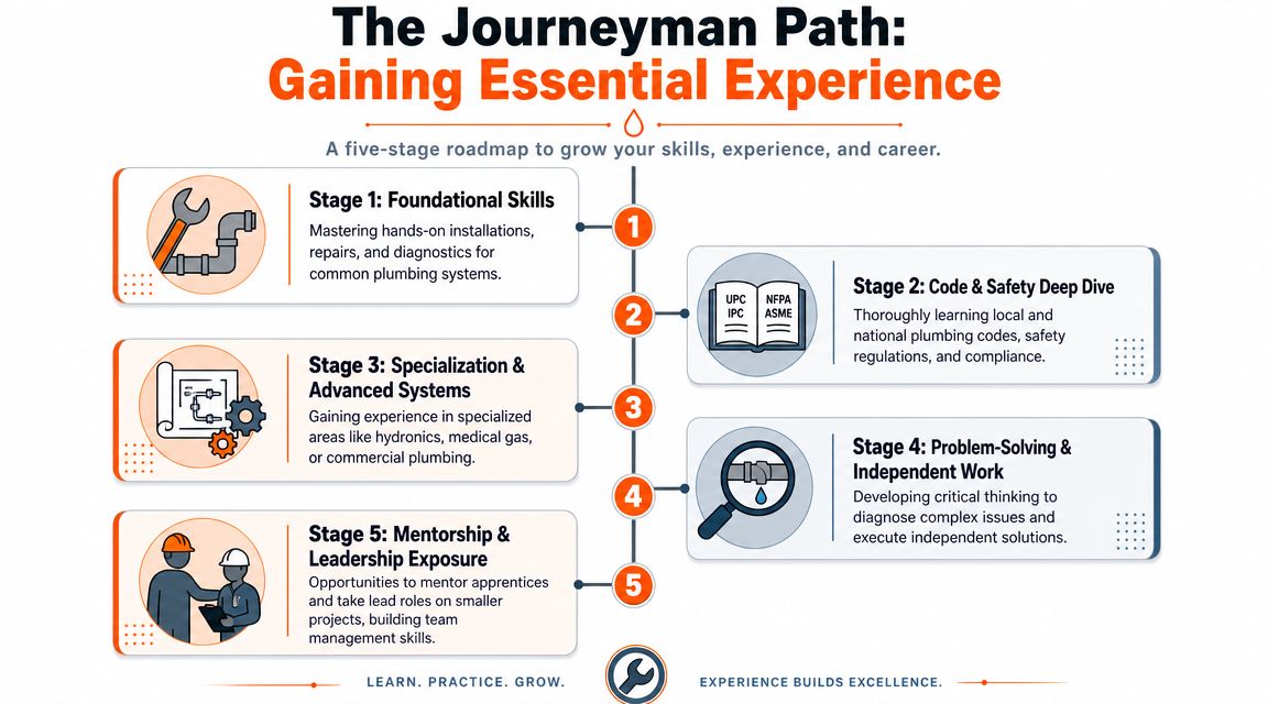 A five-stage roadmap infographic titled The Journeyman Path describing the career progression for professional plumbers.