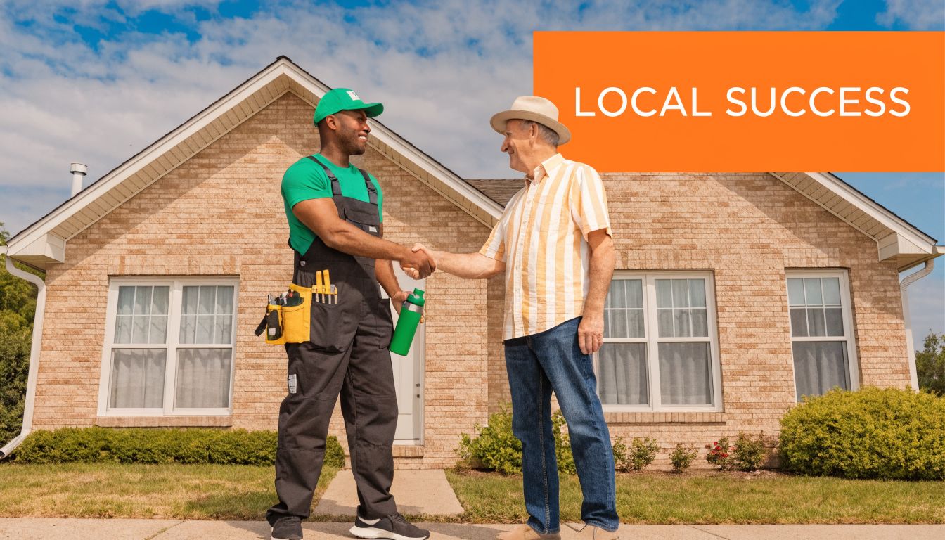 A smiling service technician shaking hands with an elderly homeowner in front of a brick house.