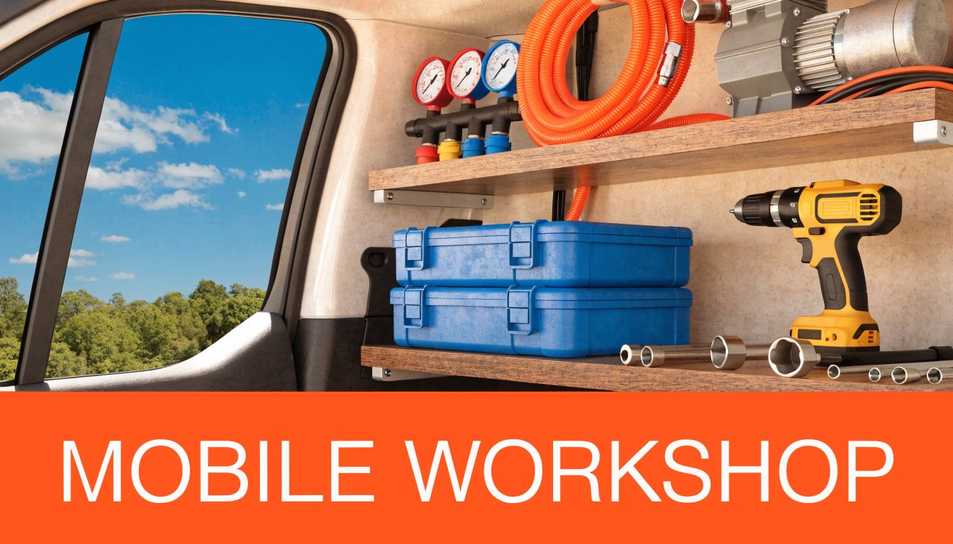 Professional HVAC technician tools arranged on shelves inside a mobile workshop vehicle service van.