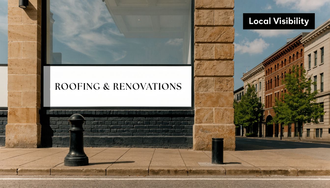 A storefront window displaying Roofing and Renovations on a sign in a city street setting.