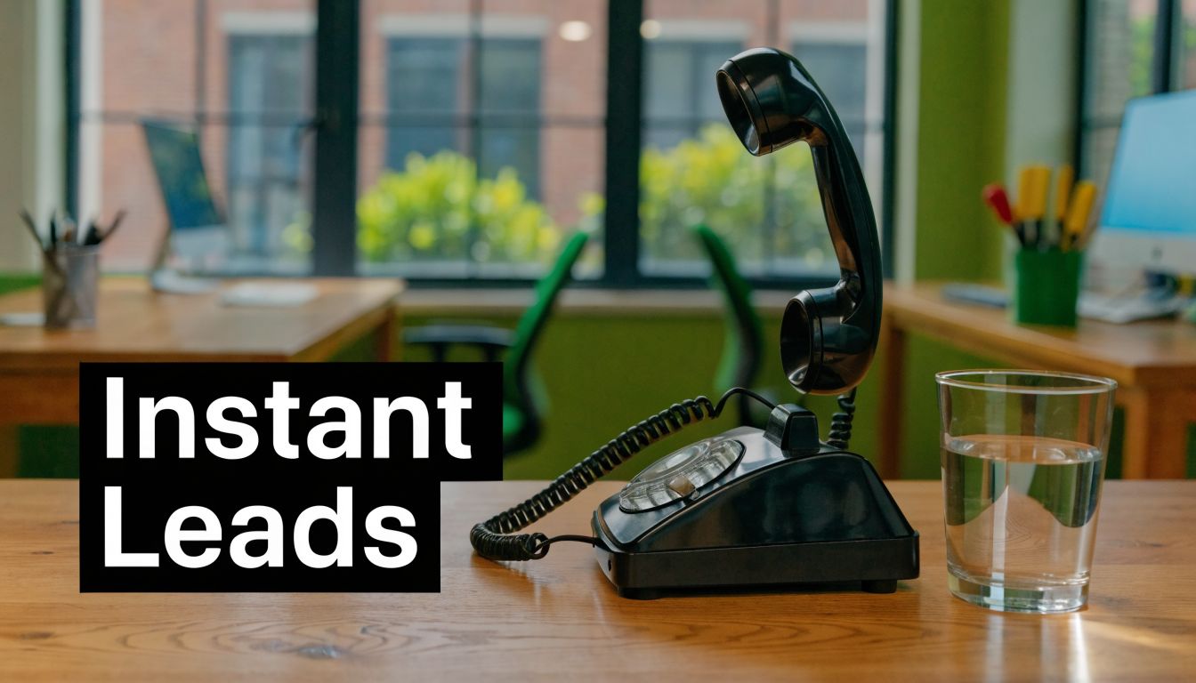 A black vintage rotary telephone and a glass of water on a wooden desk in an office.