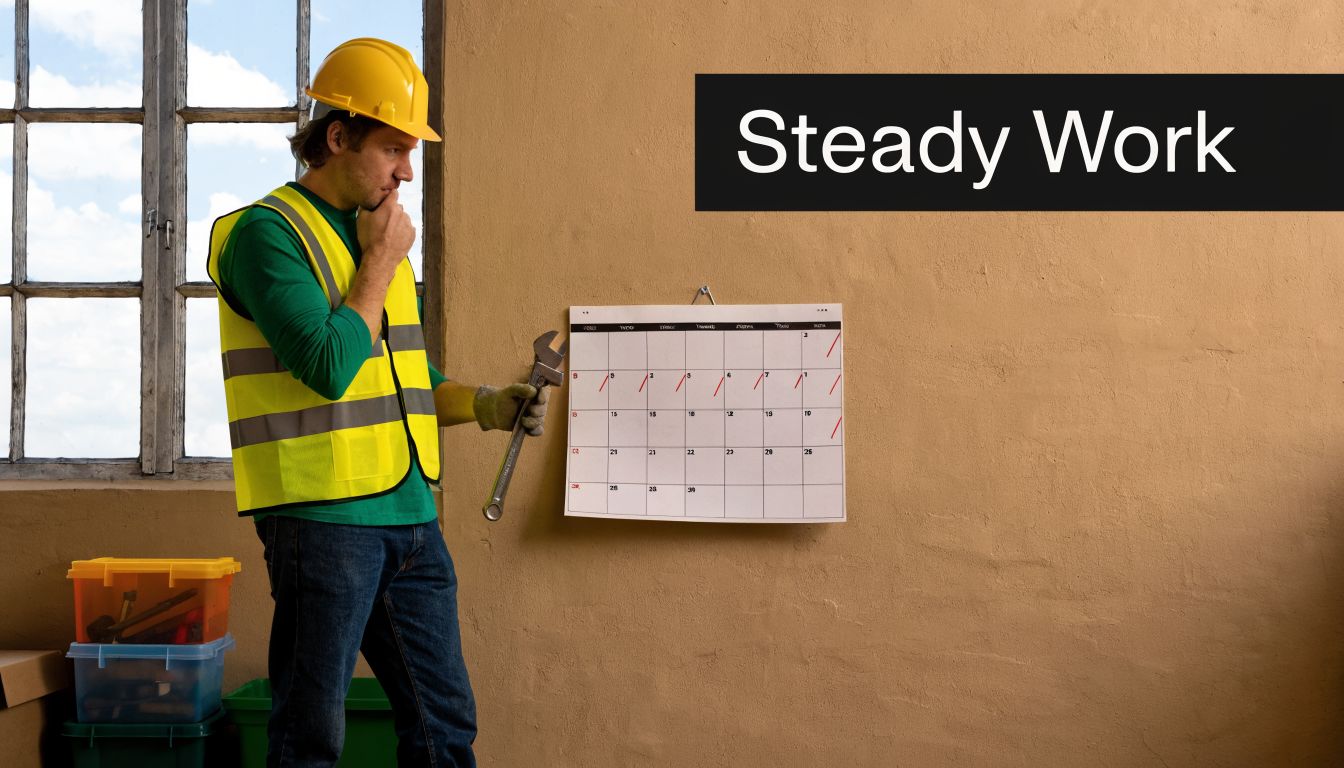 A construction worker in safety gear looking thoughtfully at a calendar on a wall while holding a wrench.