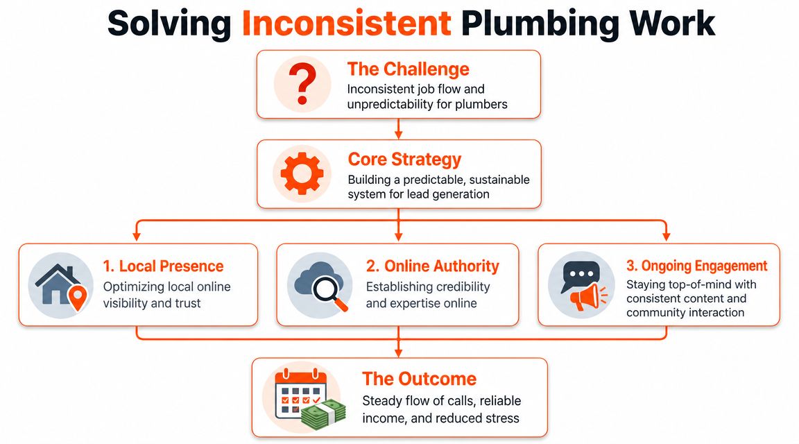 A flowchart showing the strategy to solve inconsistent plumbing work through lead generation, authority, and engagement.