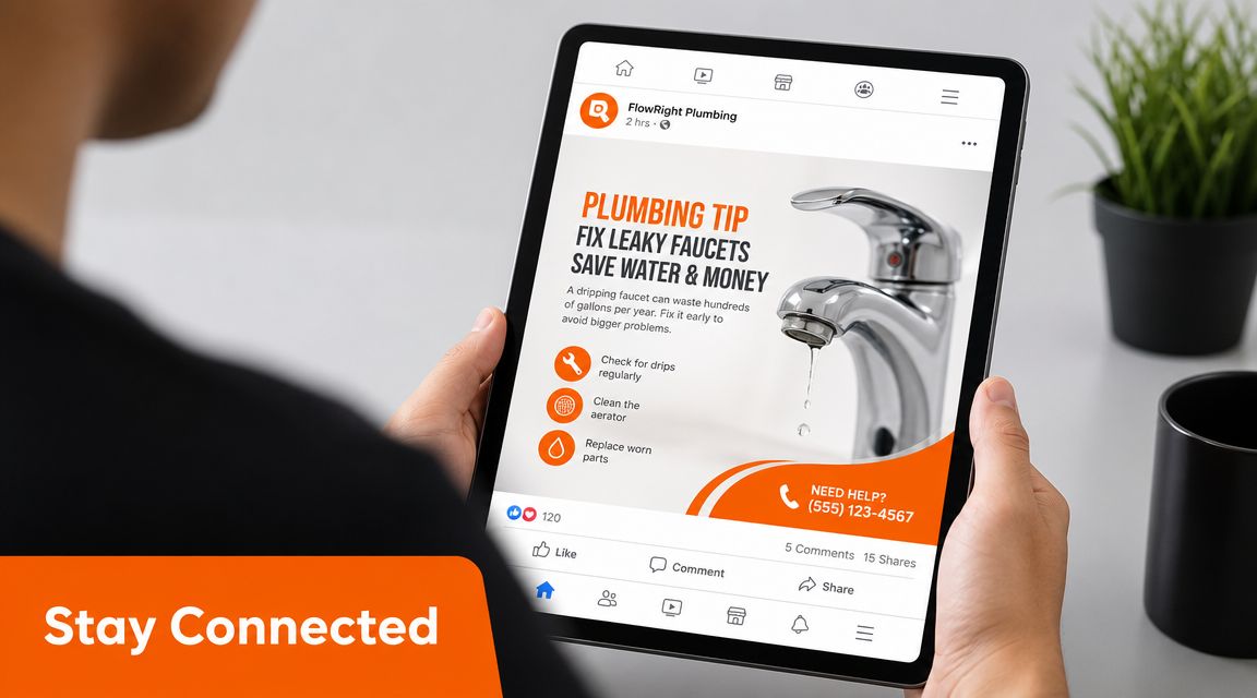 A person holding a tablet displaying a social media post with plumbing tips and contact information.
