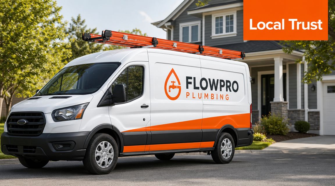A professional FlowPro Plumbing company work van parked in front of a residential house with a ladder.
