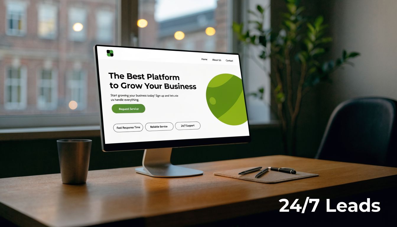 A sleek desktop monitor displaying a website for business growth services, set on a modern wooden desk.
