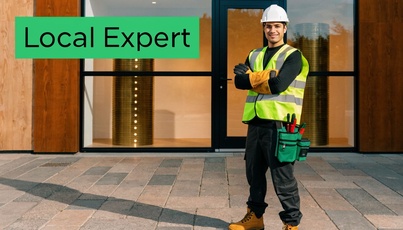 A professional electrician wearing a high-visibility vest and safety helmet standing in front of a modern building.