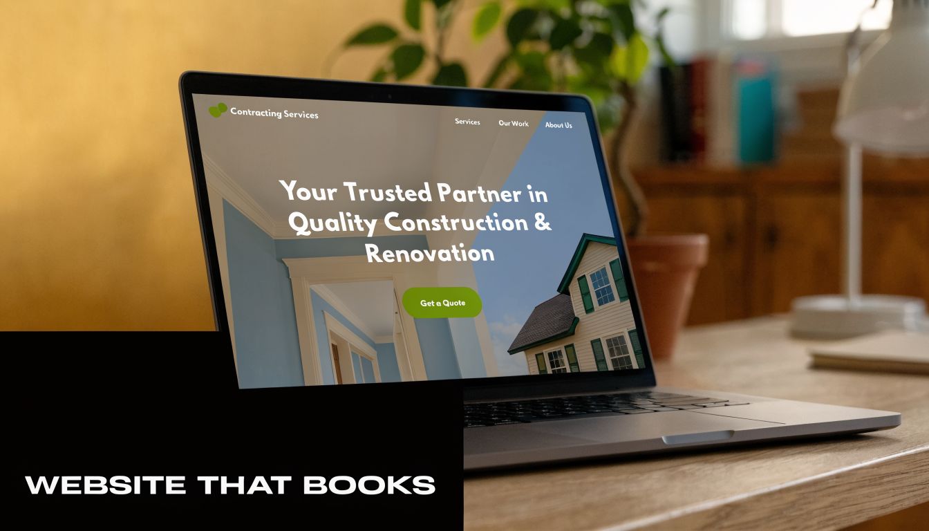 A modern laptop on a wooden desk displaying a professional contracting services website for home renovations.