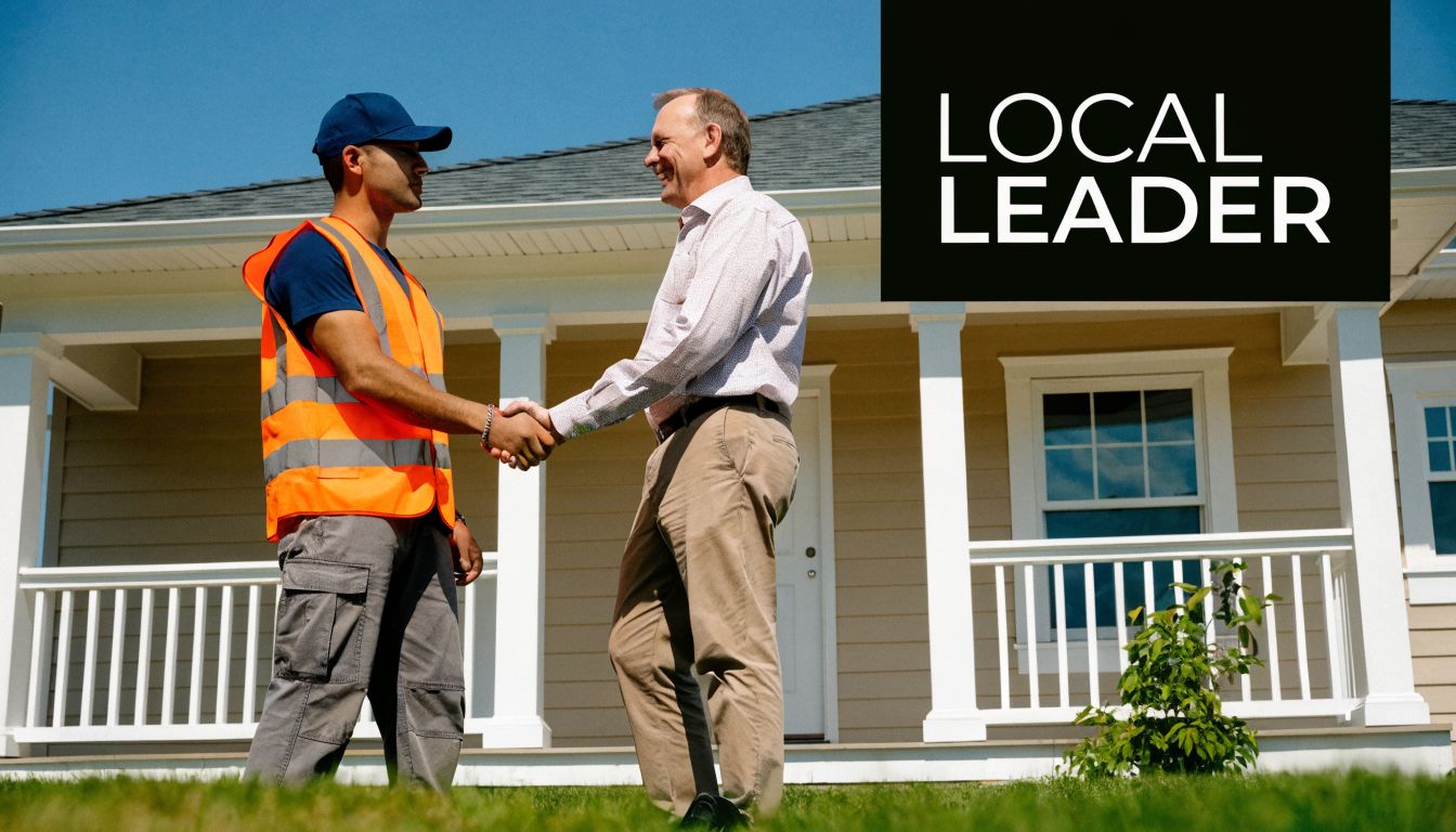 A construction contractor wearing a high-visibility vest shaking hands with a homeowner in front of a house.