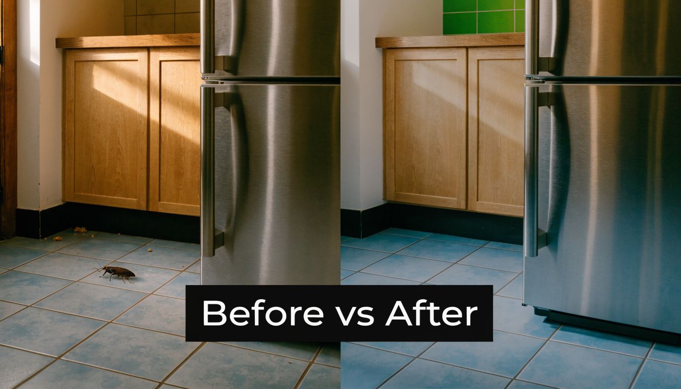 A split image showing a kitchen floor before and after professional pest control extermination services.