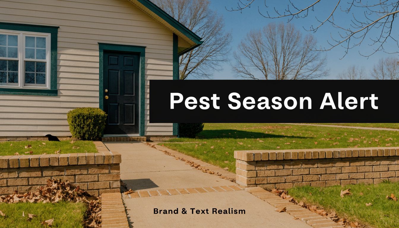 A house exterior with a black sign that reads Pest Season Alert on a sunny day.