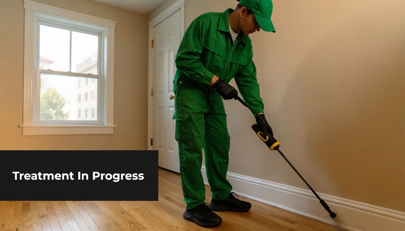 A professional pest control technician in green uniform treating baseboards inside a house.