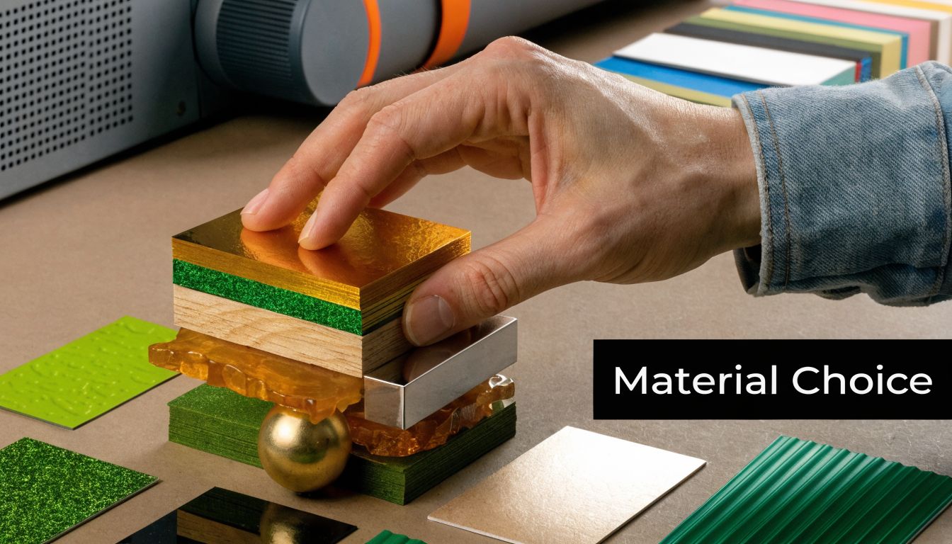 A hand selecting from various material textures and luxury finishes for custom premium plumber business cards.