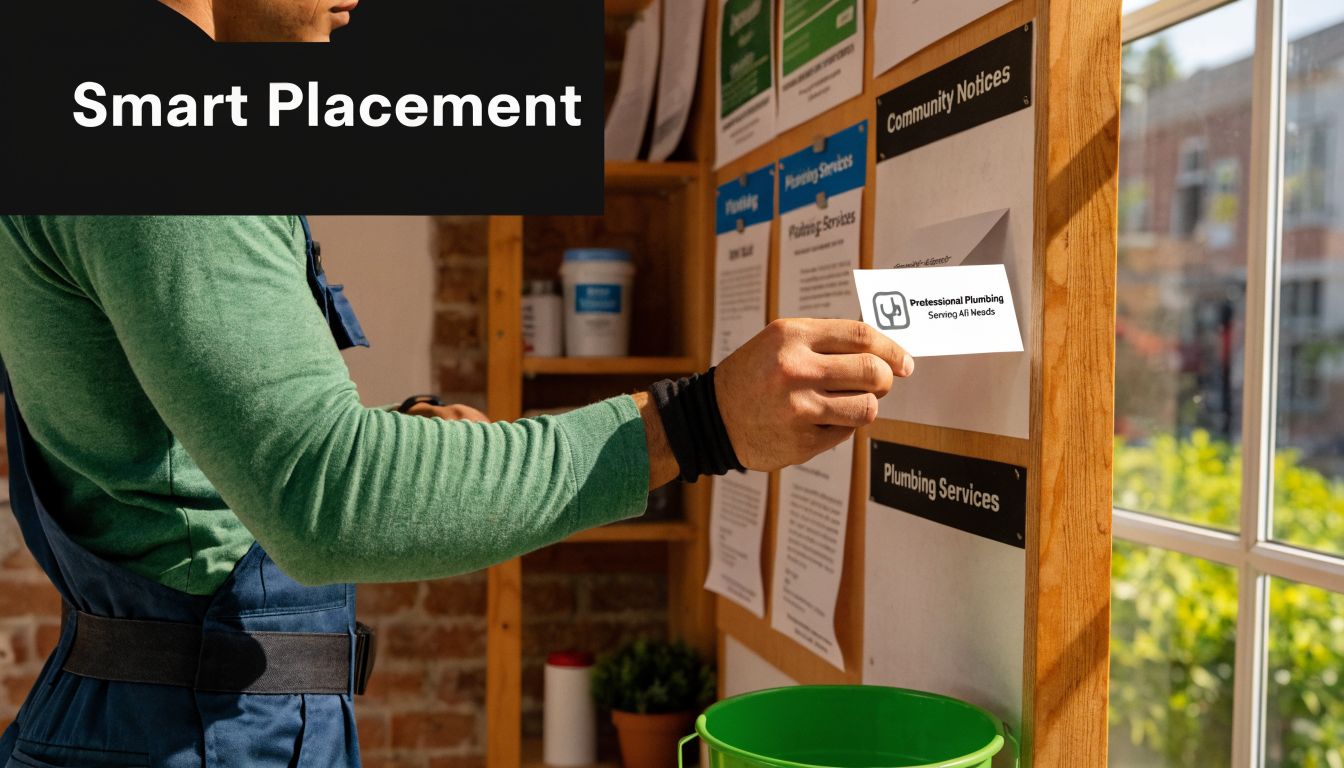 A professional plumber in a green shirt placing a business card onto a public bulletin board.