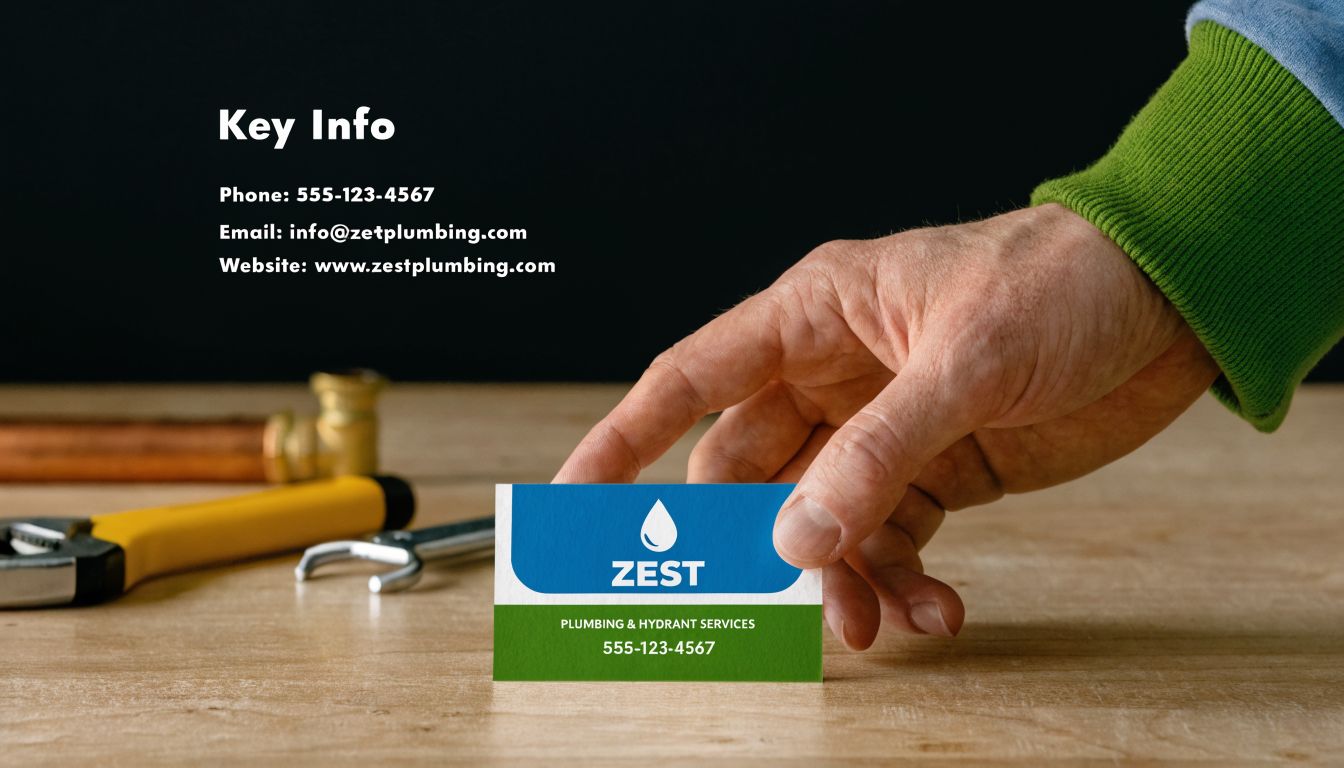 A hand placing a professional Zest Plumbing business card on a wooden surface with plumbing tools nearby.