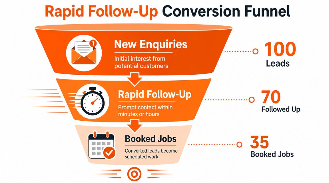 A funnel diagram showing the conversion process from 100 new leads to 35 successful booked jobs.