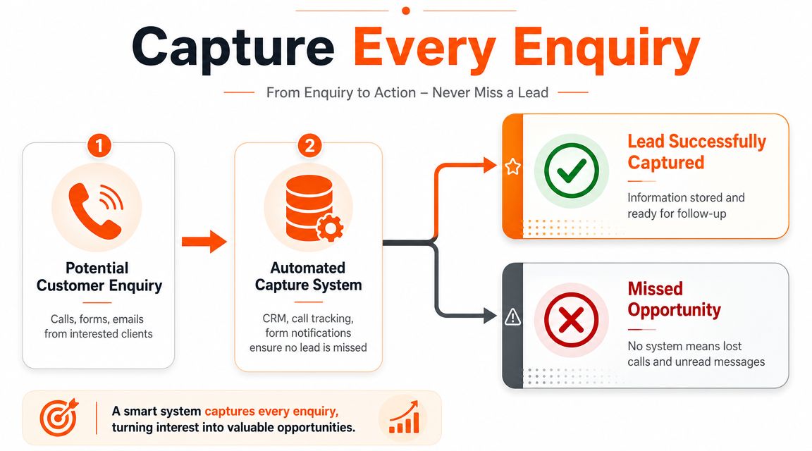 A diagram illustrating how an automated lead capture system prevents businesses from missing potential customer enquiries.