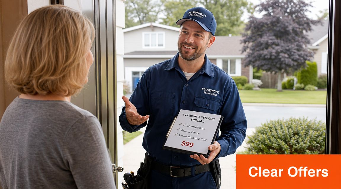 A friendly plumber wearing a uniform presents a service special clipboard to a homeowner at her doorway.