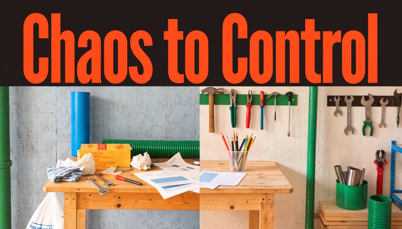 A split image showing a cluttered desk transitioning into an organized workbench for a plumbing business.