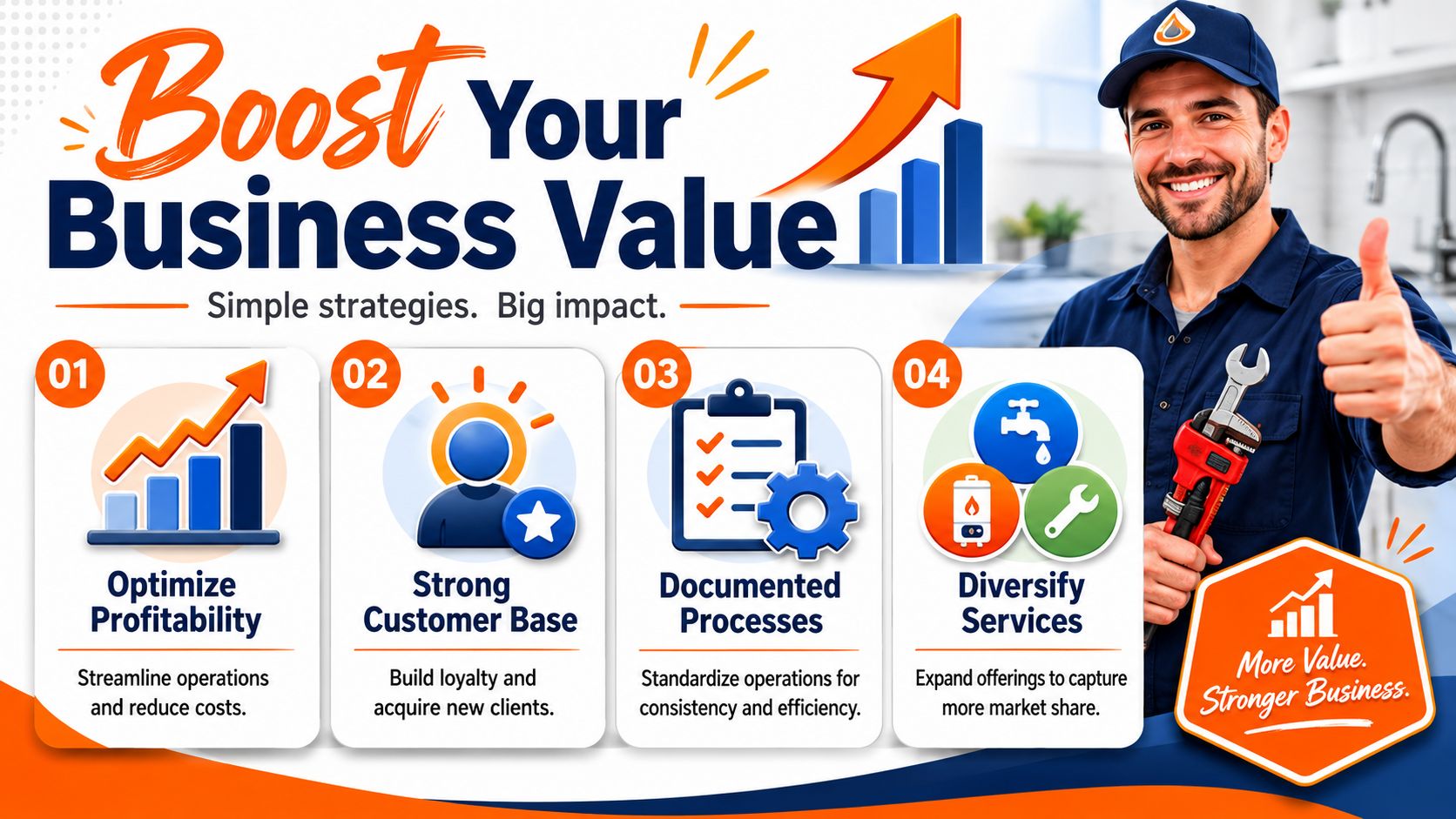 A friendly plumber gives a thumbs up beside a graphic outlining four business growth strategies for plumbing companies.