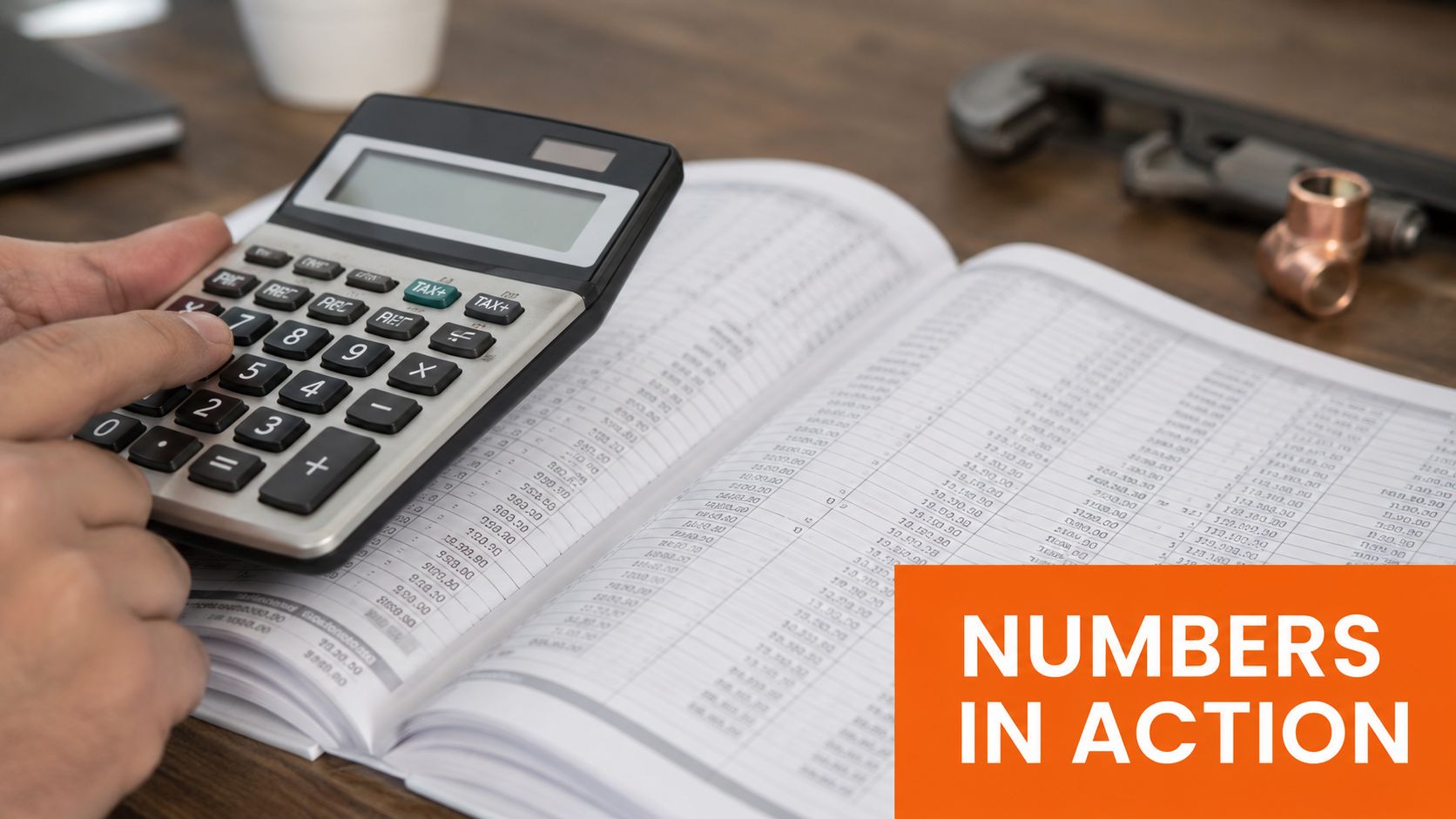 A calculator resting on a ledger book with financial data, reflecting plumbing business valuation and accounting processes.