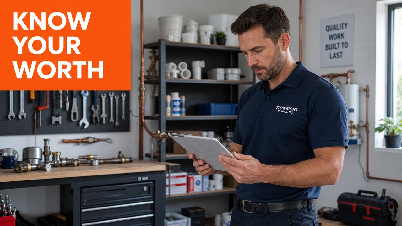 A professional plumber wearing a Flowright Plumbing uniform reviews digital documents on a tablet in his workshop.