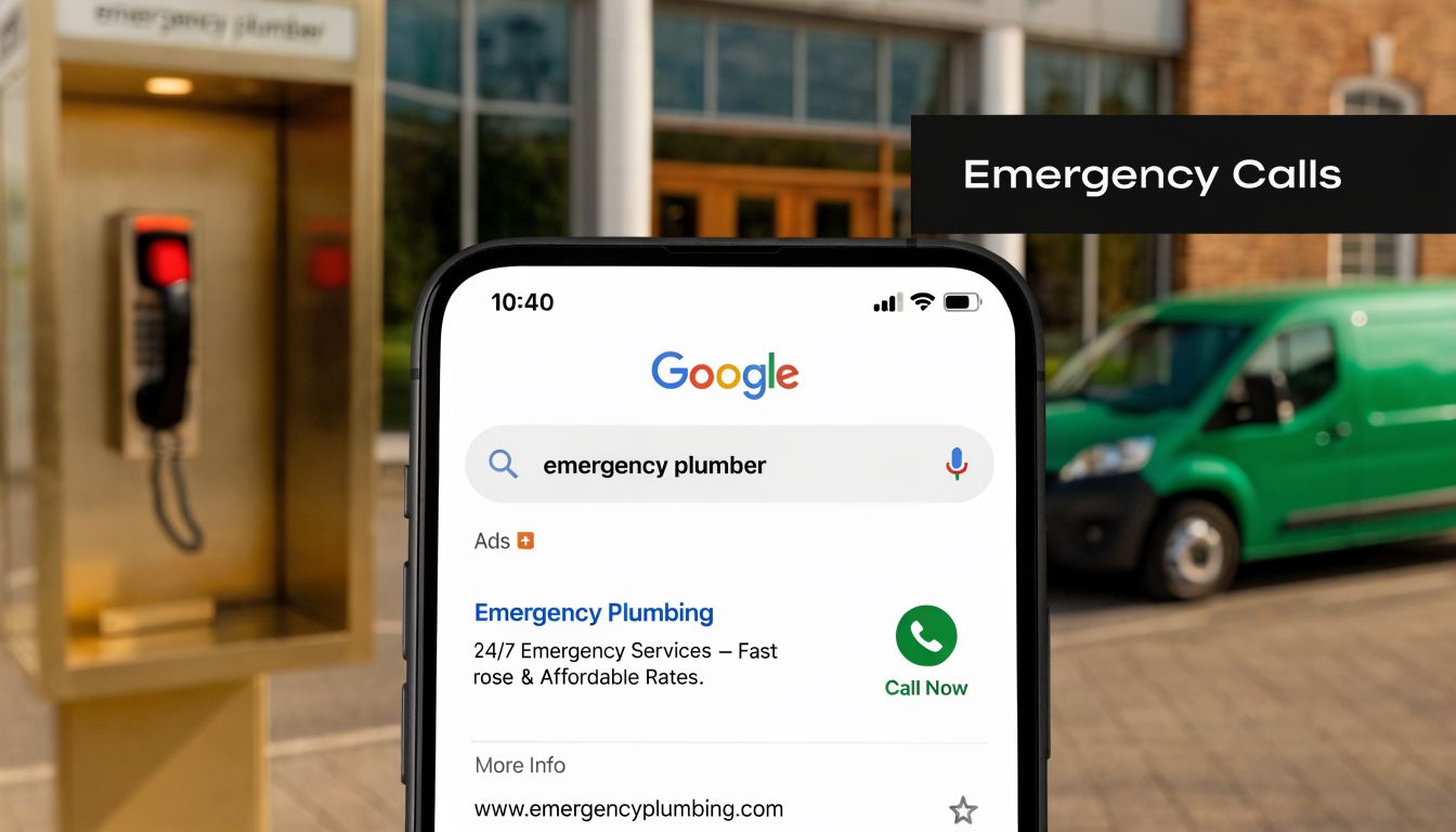 A smartphone screen displaying a Google search result for an emergency plumber with a call button.