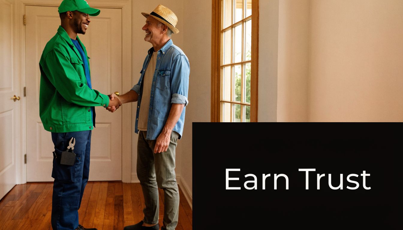 A professional repair technician shaking hands with an elderly homeowner inside a brightly lit house.