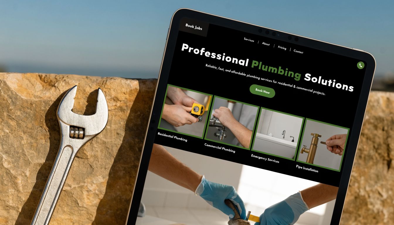 A digital tablet displaying a professional plumbing services website held against a rustic stone background with a wrench.