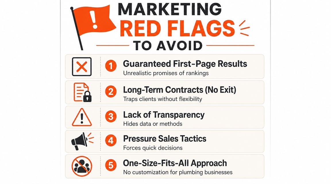 An infographic listing five marketing red flags for plumbing businesses to avoid when hiring an agency.