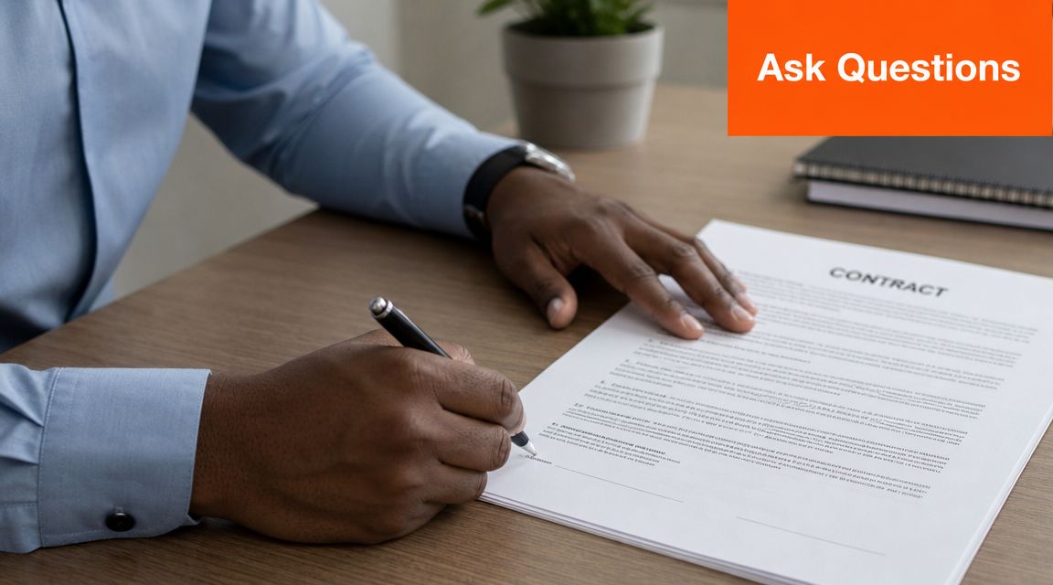 A professional man signing a business contract on a wooden desk with a potted plant nearby.