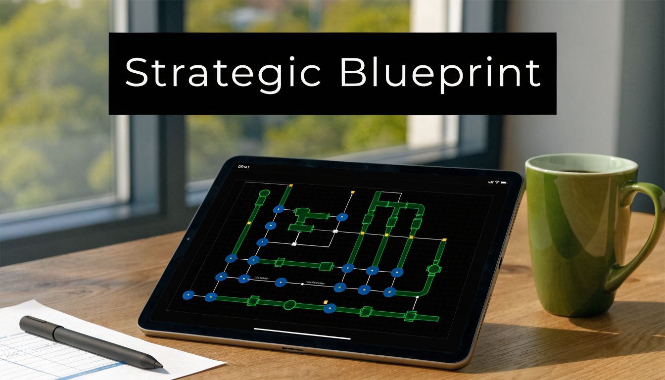A digital tablet displaying a complex plumbing diagram next to a green mug and a pen.