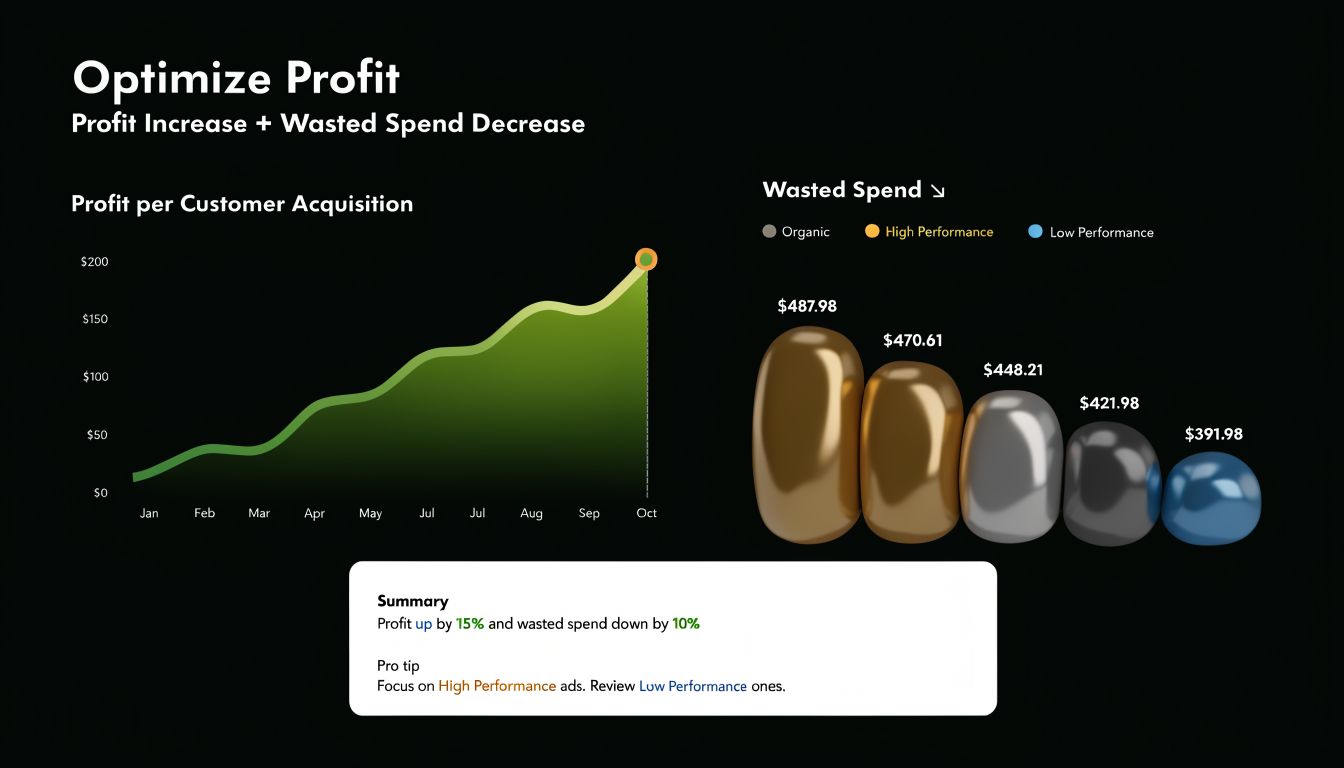 A performance chart showing an upward trend in profit per customer acquisition and a decline in wasted spend.