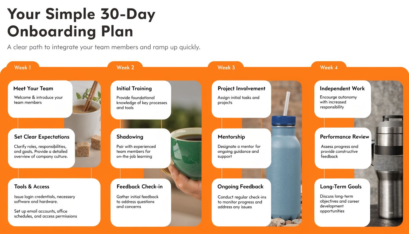 A visual guide outlining a structured four-week onboarding plan to integrate new team members efficiently.