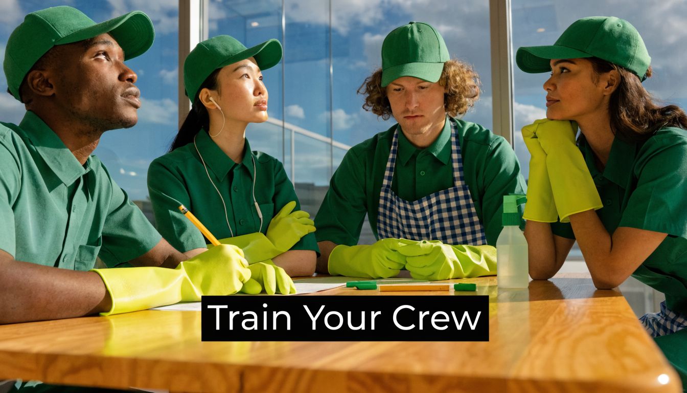 A diverse team of cleaning staff in uniform meeting at a wooden table for training session.