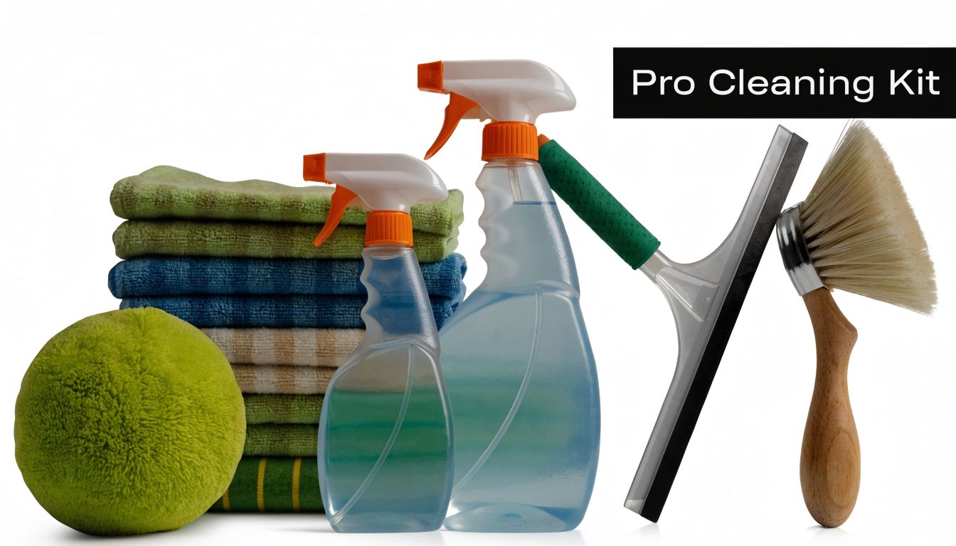 A professional cleaning kit featuring stacked colorful microfiber towels, two spray bottles, a squeegee, and a brush.
